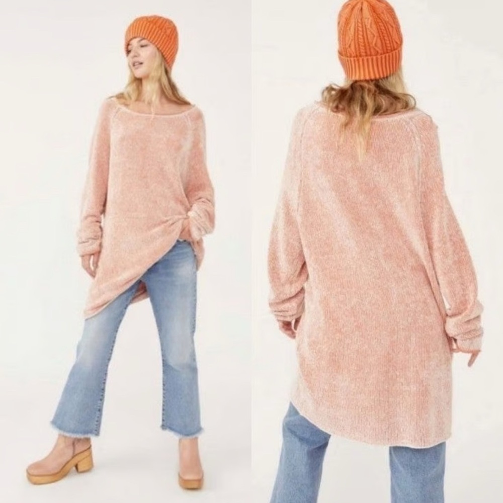 Free People Lenox tunic sweater XS soft orange cream chenille cozy Boho Casual